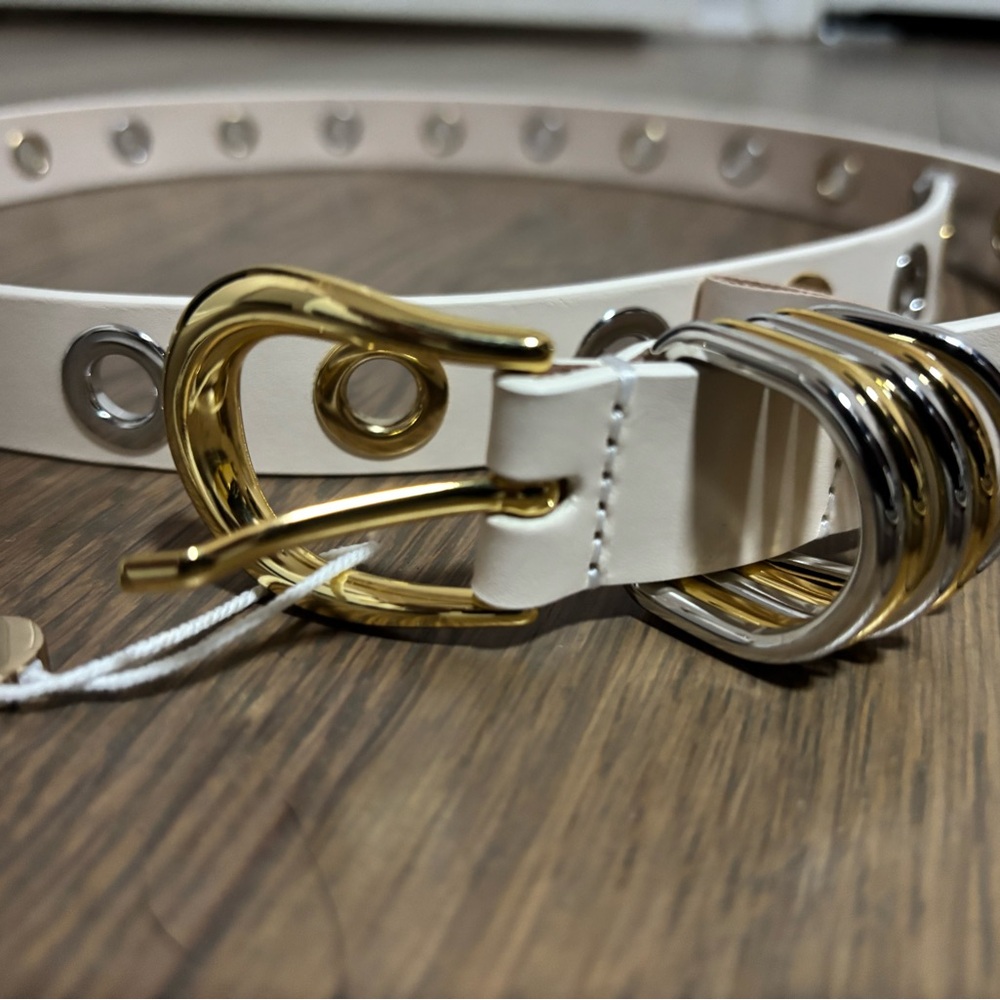 DÉHANCHE Hollyhock Rivet Mixed Metal Belt, Size L Ivory & Silver & 24K Gold NWT - Picture 3 of 9